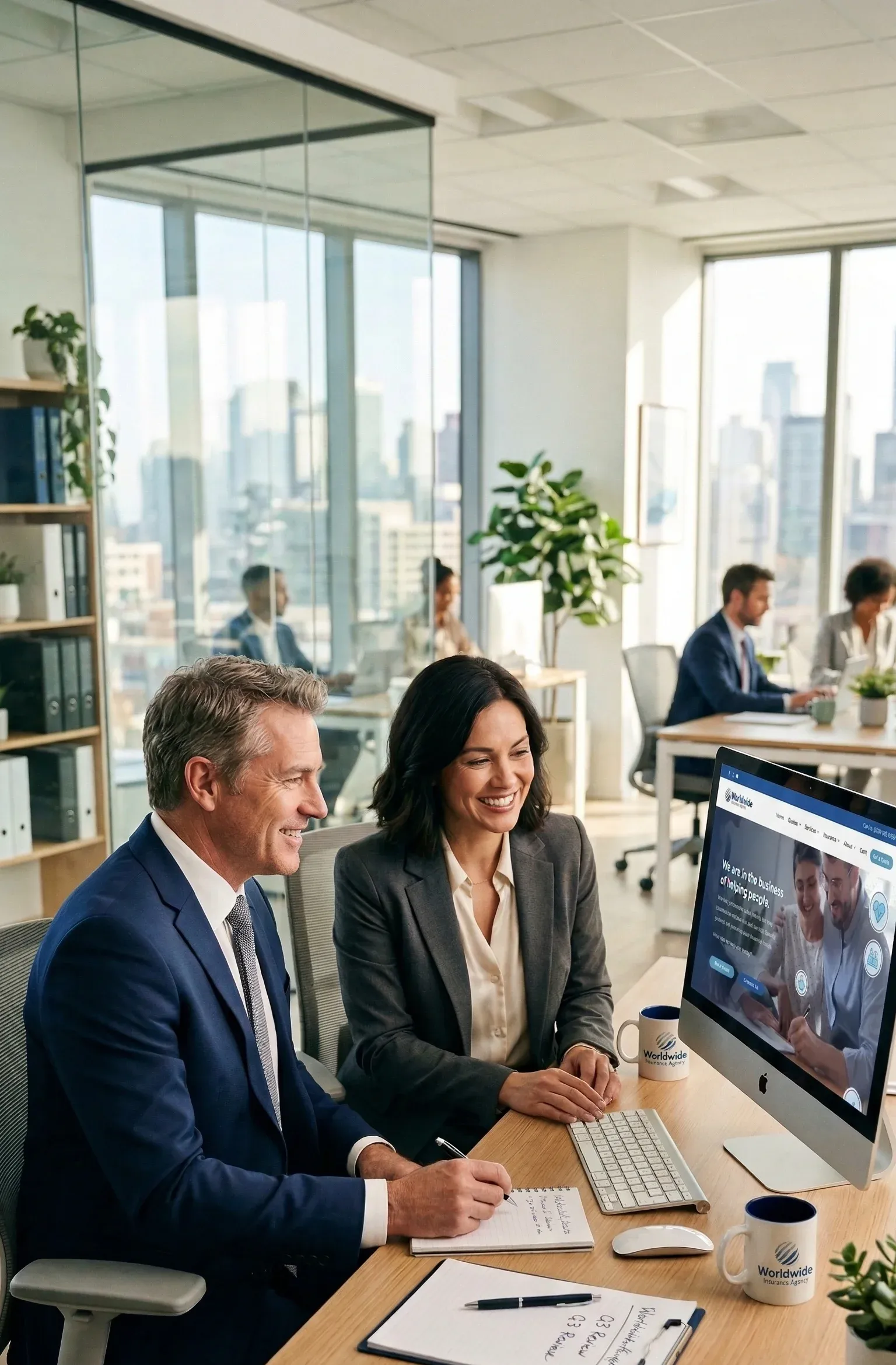 Insurance agents reviewing their agency website
