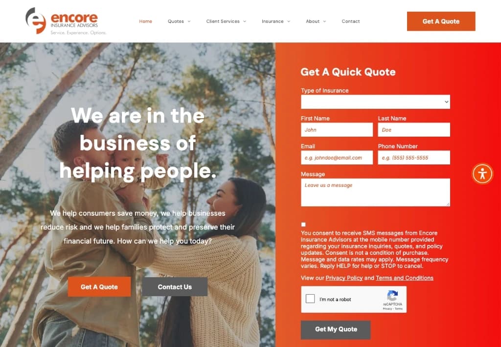 Encore Insurance Advisors website in
